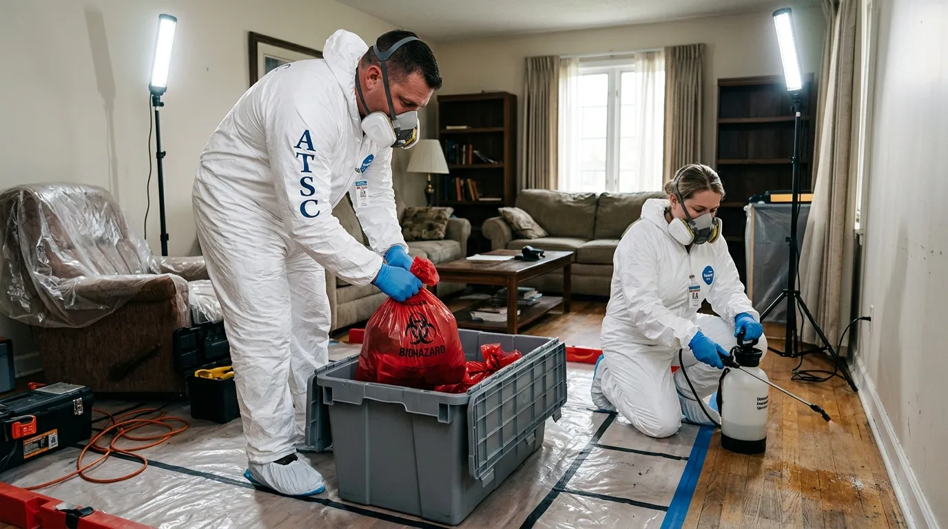 Professional Biohazard Cleanup technician in full PPE working in Country Homes